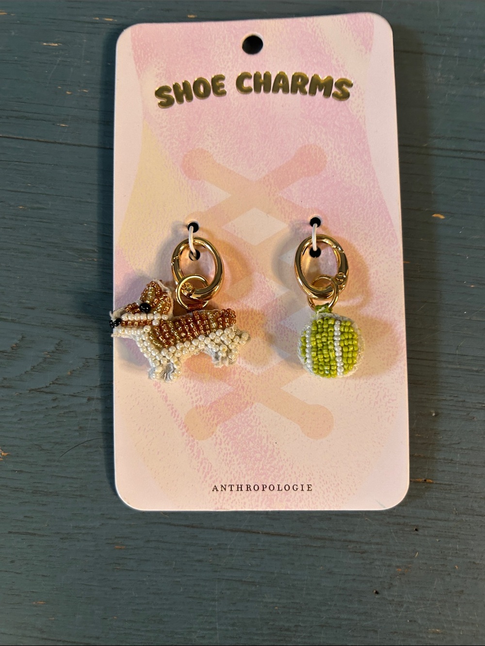 Anthropologie Kids Beaded Corgi & Tennis Ball Shoe Charms - White, Brown, Green
